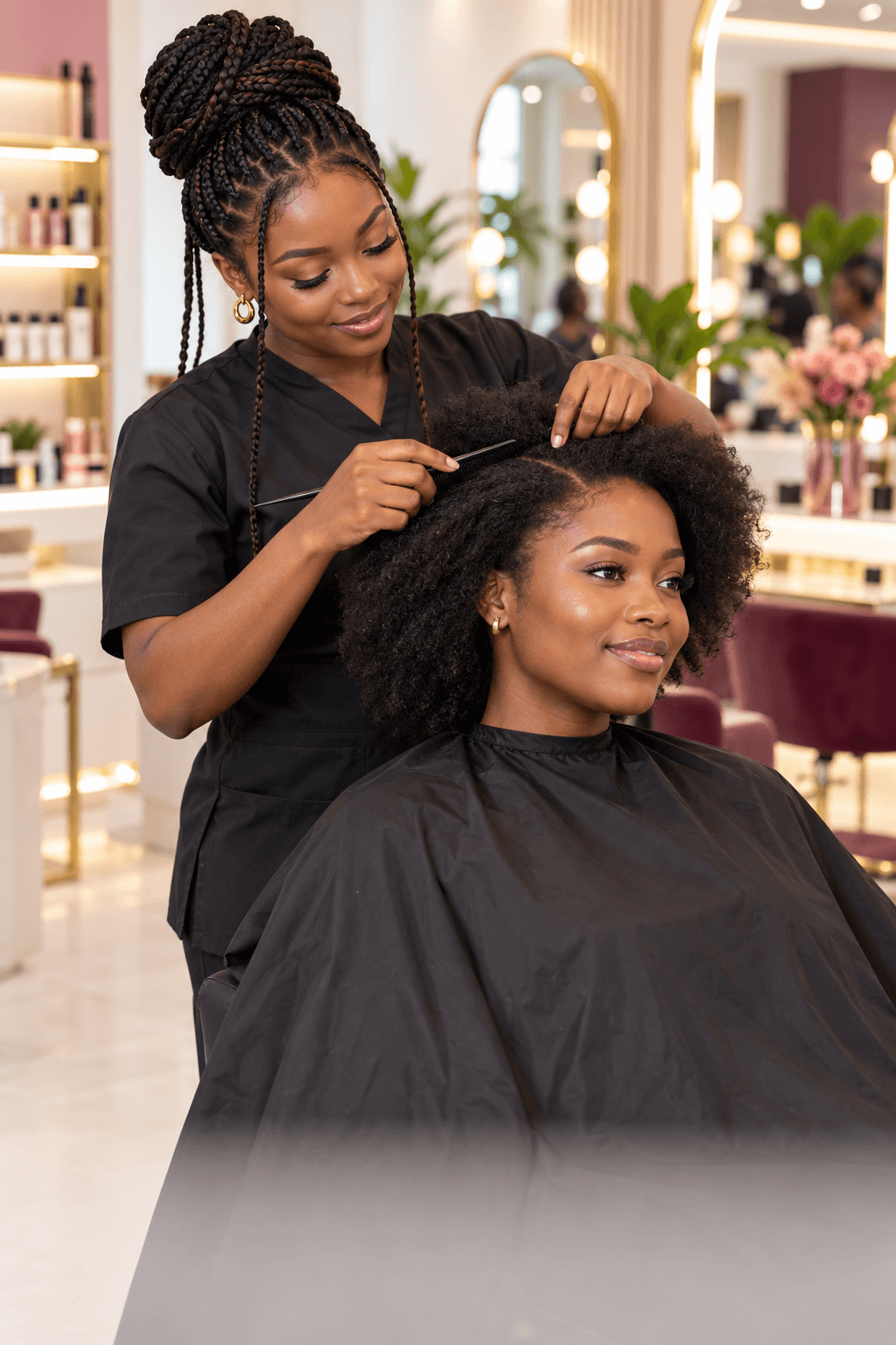 A hairstylist working with a client in the Blush With Tee studio