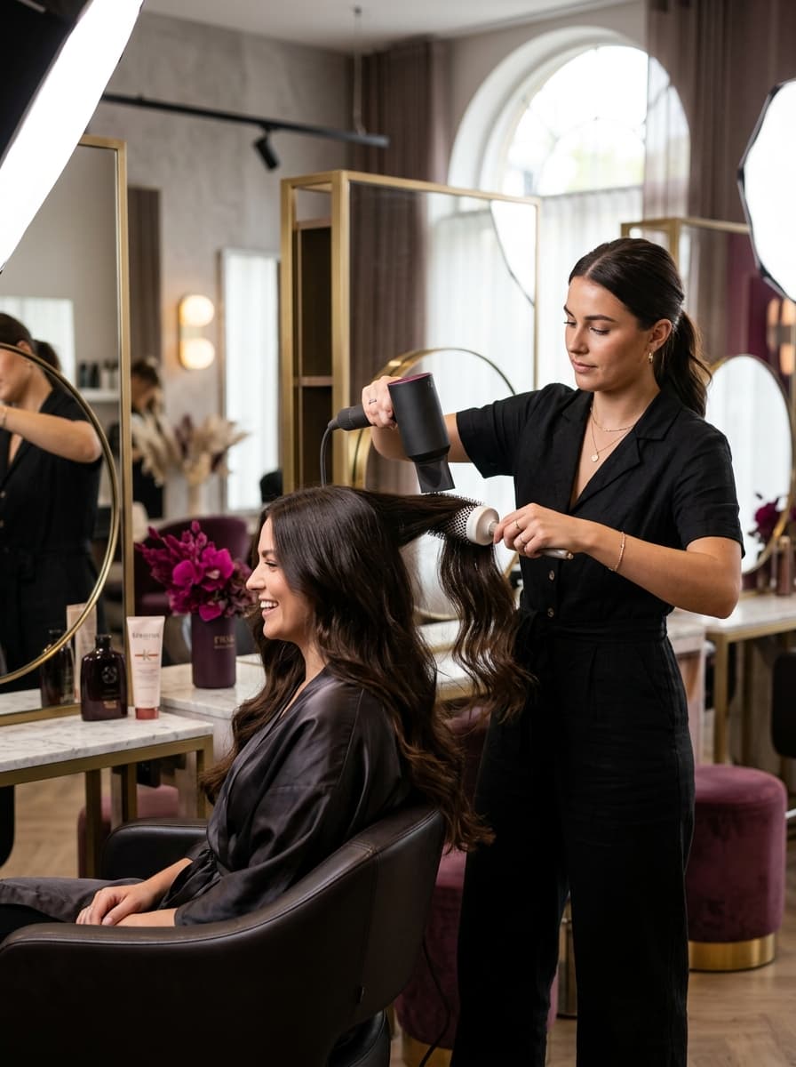 A beauty student styling and finishing luxurious hair in the salon studio
