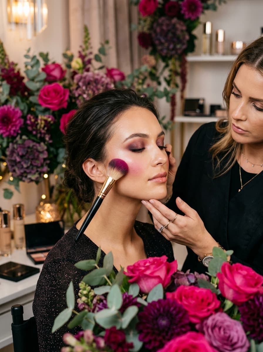 Close-up of a student applying vibrant editorial blush and makeup artistry