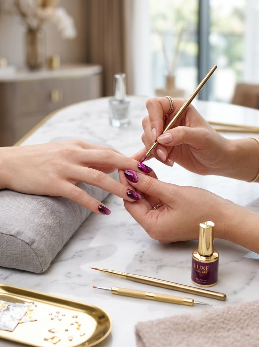 Precision nail technician crafting intricate gel manicure art